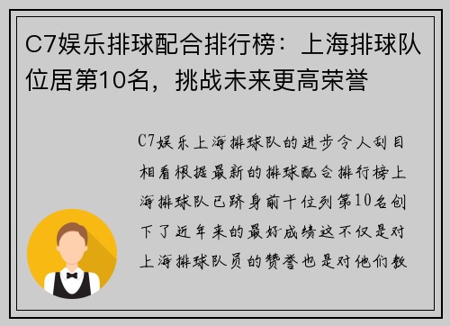 C7娱乐排球配合排行榜：上海排球队位居第10名，挑战未来更高荣誉